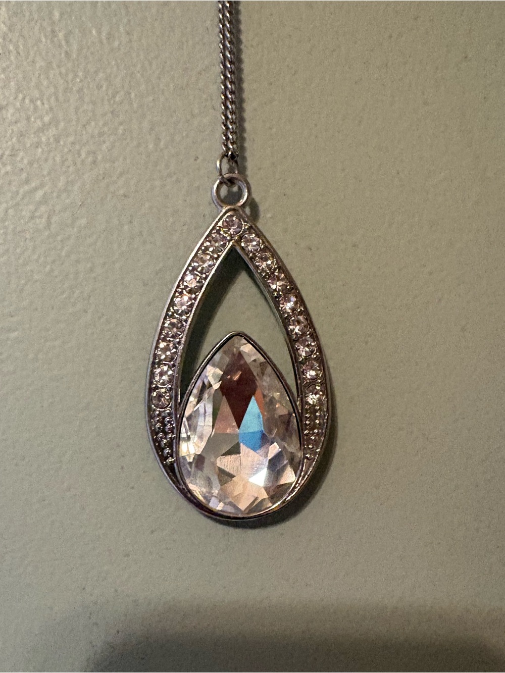 Teardrop Crystal Pendant Necklace - Silver Tone, Clear Crystal